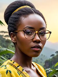 African woman with huge afro stands amidst mountain gorillas in Rwanda's dawn light