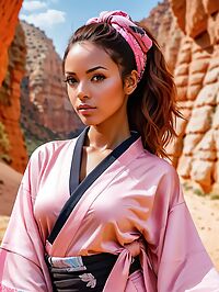 A stunning dark skinned woman wears a pink kimono in Red Canyon's sun drenched noon