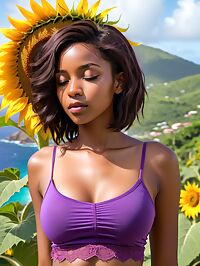 A young African woman with green eyes enjoys the Caribbean beach in St Vincent