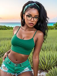 Black woman with enchanting features enjoys the early morning at Emara Estate in Turks and Caicos