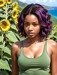 A young African woman with green eyes enjoys the Caribbean beach in St Vincent
